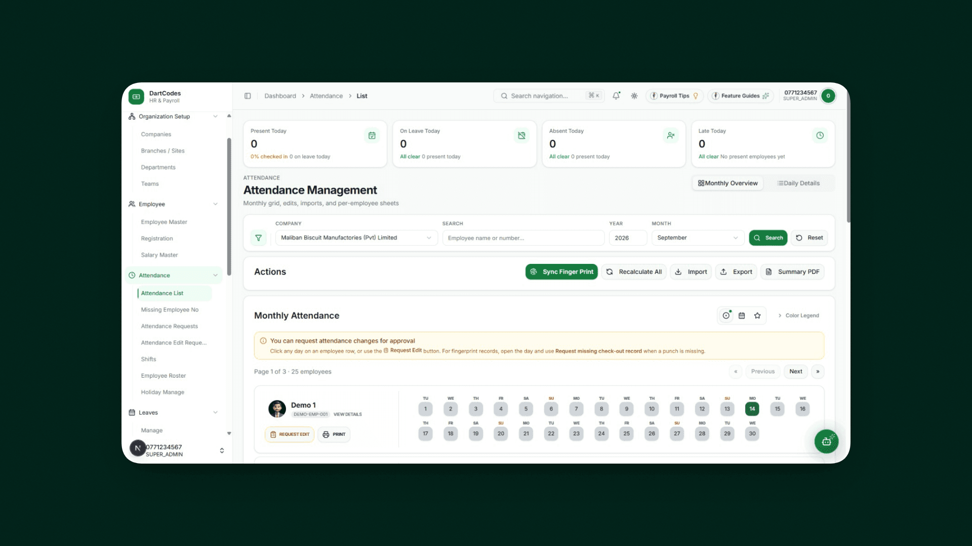 Attendance list in Dart Smart Payroll