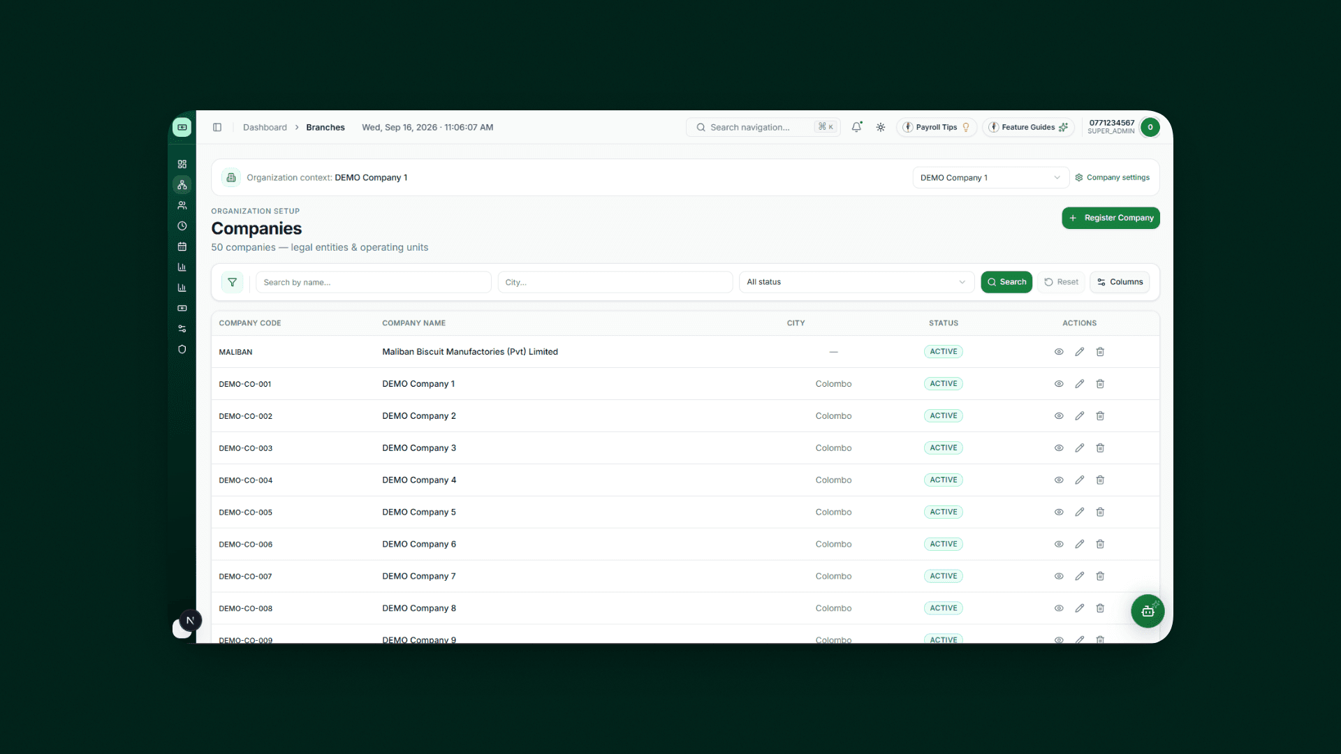 Companies and branch setup in Dart Smart Payroll
